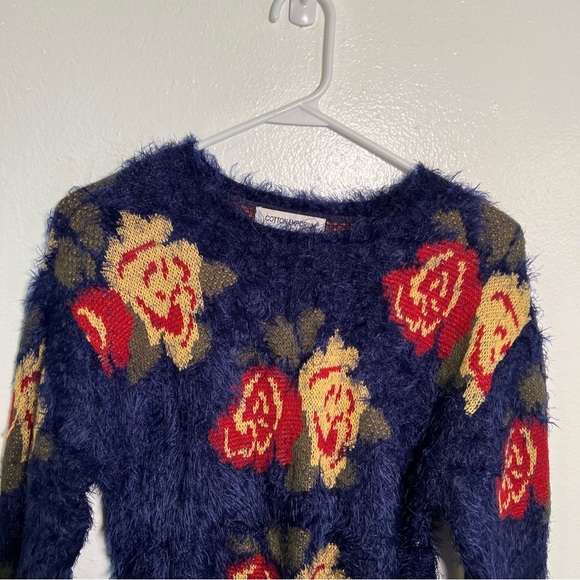 Cotton Emporium Fuzzy Crewneck Sweater Blue Rose Floral S - Picture 2 of 8